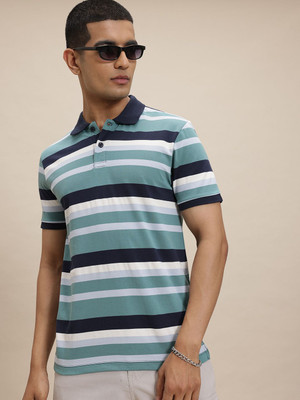 Roadster Striped Men Polo Neck Green T-Shirt