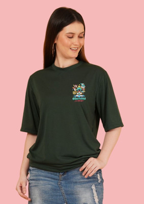 Kasendra Printed Women Round Neck Green T-Shirt