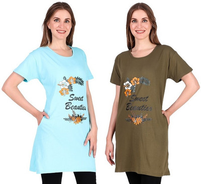 Trike Typography Women Round Neck Reversible Green, Light Blue T-Shirt