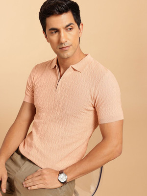 French Connection Self Design Men Polo Neck Orange T-Shirt