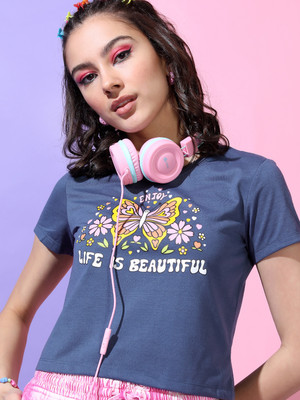 Tokyo Talkies Printed Women Round Neck Blue T-Shirt