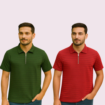 METRONAUT Striped Men Polo Neck Dark Green, Red T-Shirt