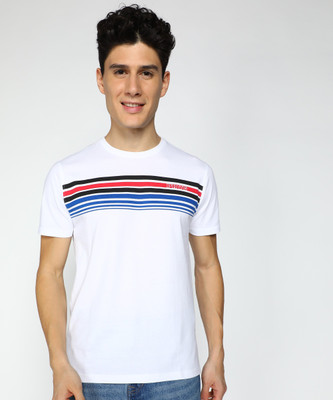 PROVOGUE Striped Men Round Neck White T-Shirt