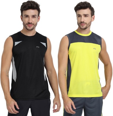 FTX Solid Men Round Neck Black, Yellow T-Shirt