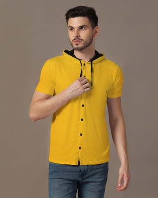 GEUM Solid Men Hooded Neck Yellow T-Shirt