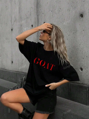 ELBATROSS Printed Women Round Neck Black T-Shirt