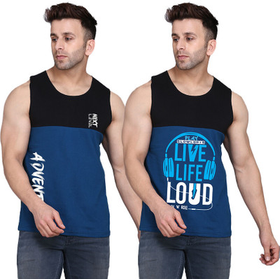 SLOWLORIS Printed, Colorblock Men Round Neck Black, Dark Blue T-Shirt