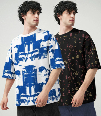 TRIPR Printed Men Round Neck White, Blue, Black T-Shirt