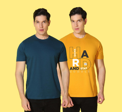 WOOSTRO Printed, Solid Men Round Neck Yellow, Blue T-Shirt