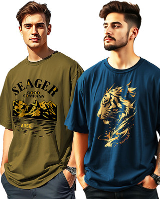 AUSK Printed Men Round Neck Dark Blue, Green T-Shirt