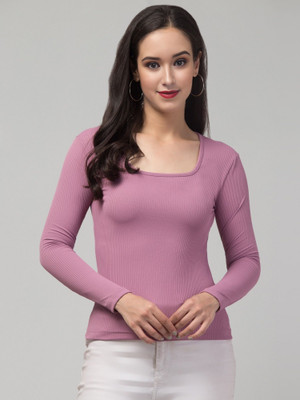 Tanushk Solid Women Scoop Neck Pink T-Shirt