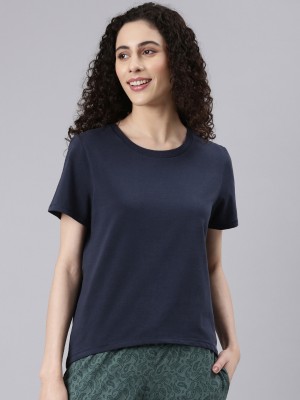 Enamor Solid Women Round Neck Blue T-Shirt