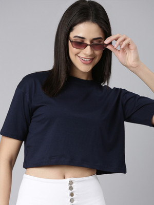 Kryptic Solid Women Round Neck Blue T-Shirt