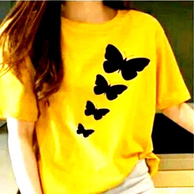 TARSHI Printed Women Round Neck Yellow T-Shirt