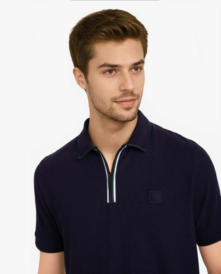 RARE RABBIT Solid Men Polo Neck Dark Blue T-Shirt