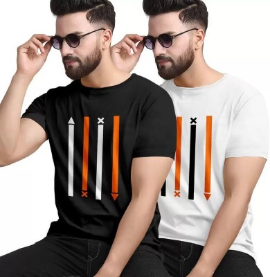 REVIZO Printed Men Round Neck Black, White T-Shirt