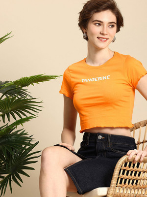 Mast & Harbour Printed Women Round Neck Orange T-Shirt