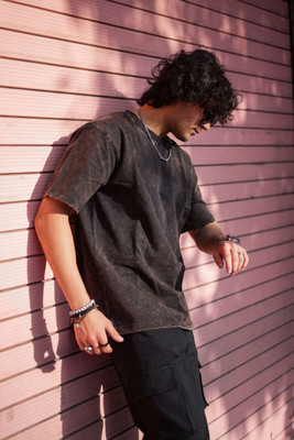 BEEFITS Washed/Ombre Men Crew Neck Black T-Shirt