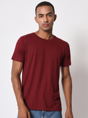 RULEDBYSUN Solid Men Round Neck Maroon T-Shirt