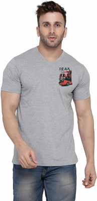 Lawful Casual Graphic Print Men V Neck Silver T-Shirt
