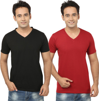 Tresna Fab Self Design, Solid Men V Neck Maroon, Black T-Shirt