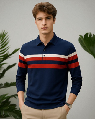 Teezler Solid Men Polo Neck Navy Blue T-Shirt