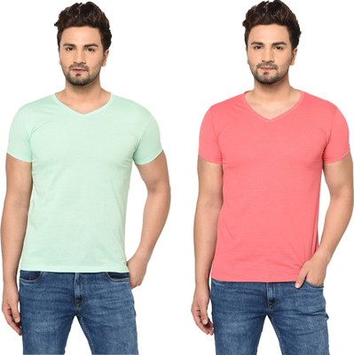 Tresna Trendy Solid Men V Neck Pink, Green T-Shirt
