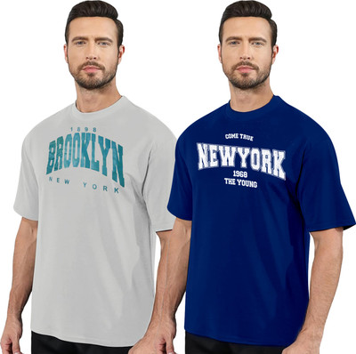 DIAZ Printed Men Round Neck Grey, Blue T-Shirt