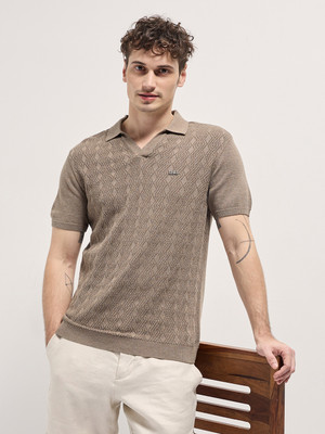 THE BEAR HOUSE Self Design Men Polo Neck Brown T-Shirt