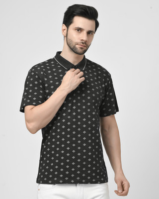 SMASH SMART WEAR Printed Men Polo Neck Black T-Shirt