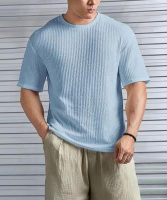 KAJARU Self Design Men Round Neck Blue T-Shirt