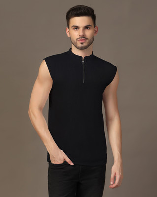 Lawful Casual Solid Men Mandarin Collar Black T-Shirt