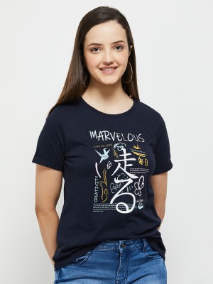 MAX Printed Women Round Neck Blue T-Shirt