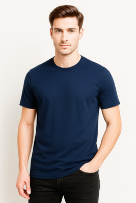 FDN Solid Men Round Neck Dark Blue T-Shirt