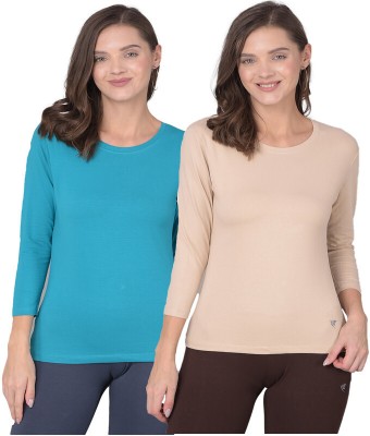 Comfort Lady Solid Women Round Neck Light Green, Beige T-Shirt