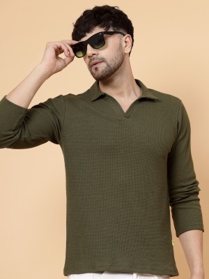 RIGO Solid Men Polo Neck Dark Green T-Shirt