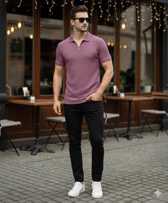 The Stanch Self Design Men Polo Neck Purple T-Shirt