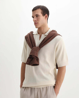 RARE RABBIT Self Design Men Polo Neck White T-Shirt