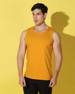 WOOSTRO Solid Men Scoop Neck Yellow, White T-Shirt