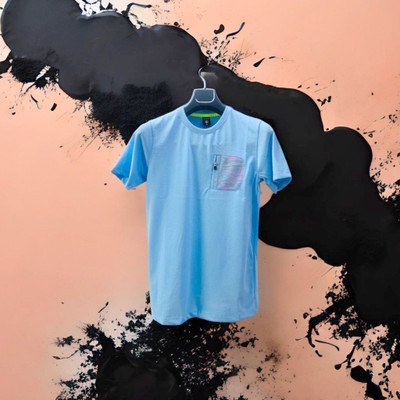 ESA Self Design Men Round Neck Light Blue T-Shirt