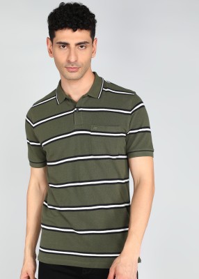 PETER ENGLAND Striped Men Polo Neck Green T-Shirt