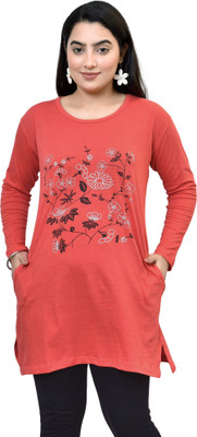 Zapblack Floral Print Women Round Neck Orange T-Shirt