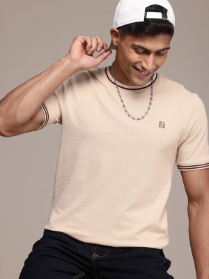 WROGN Solid Men Round Neck Beige T-Shirt