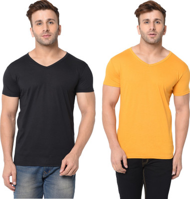 JB Jangoboy Solid Men V Neck Black, Yellow T-Shirt