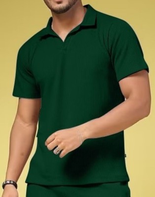 INDICLUB Solid Men Polo Neck Green T-Shirt