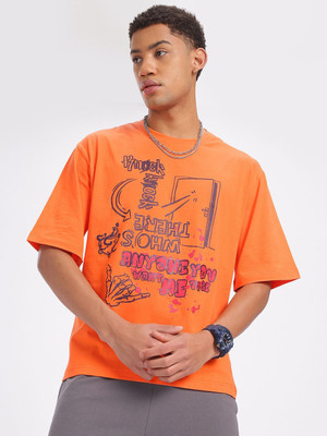 Glitchez Printed Men Round Neck Orange T-Shirt