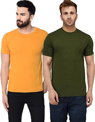 Jingo Solid Men Round Neck Yellow, Green T-Shirt