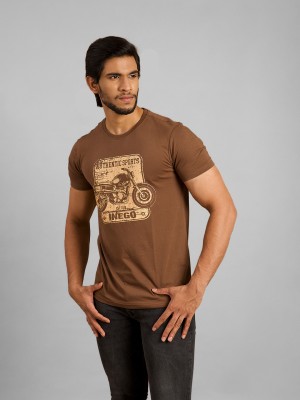 INEGO Printed Men Round Neck Brown T-Shirt