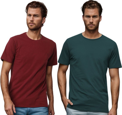 BlueFicus Solid Men Round Neck Maroon, Dark Green T-Shirt