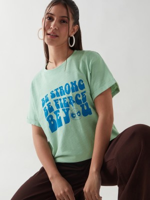 BEWAKOOF Graphic Print Women Round Neck Green T-Shirt